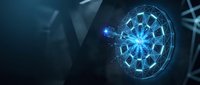 Futuristic glowing blue neural network sphere with geometric connections and digital energy patterns in dark technological environment.