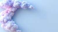 Soft dreamy clouds in pastel pink and blue colors forming crescent moon shape against light blue background, creating ethereal atmospheric composition.