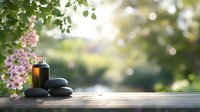 Spa wellness setting with massage stones, essential oil bottle and pink blossom branch on wooden surface against blurred natural background with bokeh.