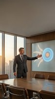 Professional businessman presenting digital target concept with holographic display in modern conference room for strategic planning and goal achievement.