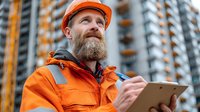 Bearded Caucasian construction worker in orange safety gear and hard hat using tablet at building site for project management and planning.