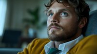 Young Caucasian man with beard and curly hair wearing yellow cardigan and white shirt looking thoughtfully away while sitting in modern interior with dramatic lighting.