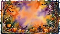 Watercolor Halloween border frame with pumpkins, ghosts, bats, and haunted house, copy space for text or design use.