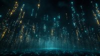 Futuristic digital landscape with glowing blue and gold light streams cascading from above, creating an immersive cyber environment for technology and data visualization concepts.