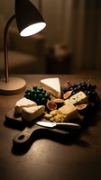 Gourmet cheese board with fresh grapes and figs arranged on wooden cutting board under warm desk lamp lighting, perfect for food styling and culinary content.