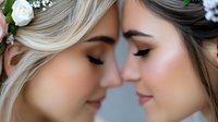 Young female couple in tender romantic moment wearing flower crowns, eyes closed. Soft natural makeup and glowing skin showcase intimate wedding portrait.
