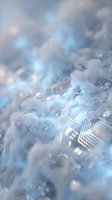 Cloud computing concept with circuit board patterns emerging from soft blue and white clouds representing digital transformation and technology infrastructure.