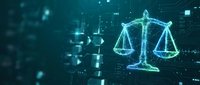 Digital justice scales hologram with glowing blue light effects on dark technology background for legal tech and law firm presentations.