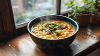 Hearty vegetable soup with colorful carrots, potatoes, and fresh herbs in black ceramic bowl on wooden windowsill, natural daylight creates appetizing glow.
