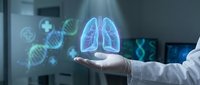 Medical professional displaying holographic lung anatomy with DNA structures in modern healthcare technology environment for respiratory medicine education.