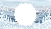 Winter landscape with blank white circle frame surrounded by snow-covered pine trees and flowing lines for seasonal design projects and holiday content.