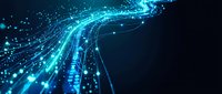Abstract blue digital data stream with glowing particles and light trails on dark background for technology and network concepts.