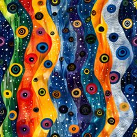 Vibrant wavy stripes with colorful circles and dots create abstract cosmic pattern. Multicolored flowing lines with concentric shapes on dark background for fabric design.