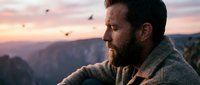 Man with beard wearing gray jacket gazing at canyon landscape during golden hour sunset, contemplative outdoor portrait for travel and lifestyle content.