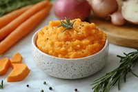 Creamy mashed sweet potatoes garnished with fresh rosemary in ceramic bowl, surrounded by raw vegetables and spices on light background.