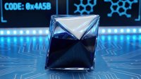 Futuristic crystal cube with glowing blue molecular structures and digital code display in high-tech laboratory environment for science fiction concepts.