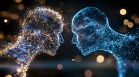 Digital particle heads facing each other with glowing neural networks and bokeh lights representing artificial intelligence and human connection in futuristic style.