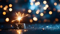 Glowing sparkler on stack of coins against dark background with bokeh lights, symbolizing financial growth and celebration of success. Wealth concept.