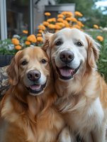 Two golden retriever dogs with light cream and golden coats sit together outdoors, both smiling at the camera with their mouths open. Behind them, bright yellow flowers bloom in a garden setting near a house. Perfect for pet, family, and lifestyle content.