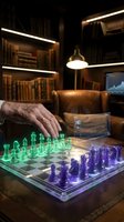 Elderly man playing futuristic holographic chess with glowing green and purple pieces in luxury study library with leather chair and bookshelves.