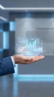 Businessman hand presenting holographic data analytics charts and graphs in modern office environment for business intelligence presentations.