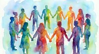 Diverse group of people holding hands in colorful watercolor style forming unity circle representing teamwork, community support and human connection.