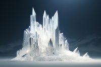 Luminous crystal formation rises against dark background, glowing white quartz clusters with sharp geometric peaks create mystical mineral landscape.
