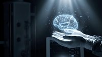 Glowing digital brain hologram floating above robotic hand in dark futuristic laboratory setting, representing artificial intelligence and advanced technology innovation.