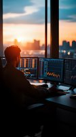 Professional trader analyzing financial market data on multiple screens during sunset, silhouetted against dramatic cityscape backdrop with golden hour lighting.