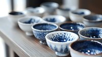 Blue and white ceramic bowls with traditional hand-painted patterns arranged on wooden surface. Shallow depth of field highlights craftsmanship details. Suitable for home decor, tableware, and artisan product photography.