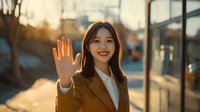 Young Asian businesswoman in brown coat waving hello with friendly smile during golden hour sunset, urban background with warm sunlight and bokeh effect.