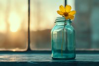 Single yellow wildflower in vintage blue glass mason jar on wooden windowsill at sunset, creating nostalgic mood with soft bokeh background.
