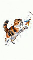 Playful orange and black tabby cat jumping to catch feather toy with watercolor splashes, isolated on white background for design projects.