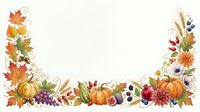 Autumn harvest frame with pumpkins, grapes, wheat, maple leaves and berries on cream background for seasonal greeting cards and thanksgiving designs.