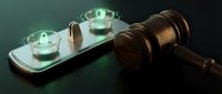Wooden judge gavel with smartphone displaying justice scales app on dark surface for legal technology and digital law concepts.