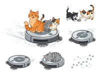Cartoon cats riding and playing on robotic vacuum cleaners, isolated on white background, ready for design use on merchandise, apparel, and digital projects.