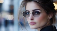 Young Caucasian woman wearing trendy semi-rimless glasses with soft bokeh background, natural makeup and subtle smile, looking away in elegant professional pose.