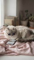 Fluffy gray and white long-haired cat wearing sunglasses lying on pink fabric with smartphone, potted plants and cardboard boxes in blurred background.