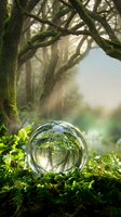 Crystal sphere reflecting moss-covered trees in enchanted forest setting with soft sunlight filtering through branches creating magical atmosphere.
