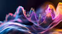 Vibrant stock market chart with glowing neon waves in blue, purple, and orange colors creating dynamic motion effect against dark background for financial analysis.