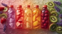 Colorful infused water bottles with fresh fruits, berries and herbs arranged in rainbow gradient. Refreshing summer drinks with ice cubes and lavender sprigs.