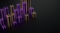 Neon glowing rectangular bars in purple and gold arranged in isometric formation on dark background, representing data visualization, financial growth, or digital analytics for business presentations.