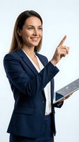 Professional businesswoman in navy suit pointing finger while holding tablet, isolated on white background for corporate presentations and marketing materials.