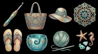Boho coastal collection with woven bag, decorative hat, mandala ornament, sandals, ceramic bowl, yarn ball, crochet hook, starfish and sea glass isolated on transparent background. Ready for t-shirt designs, clipart, stickers, print-on-demand products and sublimation projects.