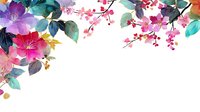 Watercolor floral border with vibrant pink and purple flowers, green leaves, and red berries on white background for wedding invitations or greeting cards.