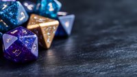 Colorful polyhedral dice with glitter effect on dark background, featuring blue, purple and gold gaming pieces for tabletop role-playing games and board games.
