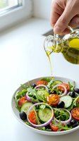 Hand pouring olive oil over fresh salad with tomatoes, cucumbers, olives and greens in white bowl. Cooking and healthy eating concept.