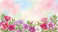 Watercolor floral border with pink, purple, and white blooms on a soft pastel gradient background, perfect for greeting cards and invitations.