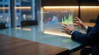 Businessman analyzing financial data on holographic display tablet showing stock charts and growth graphs in modern office environment.