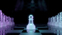 Glowing chess pawn piece stands prominently on checkered board with blurred chess pieces in background, strategic game concept for business and leadership.